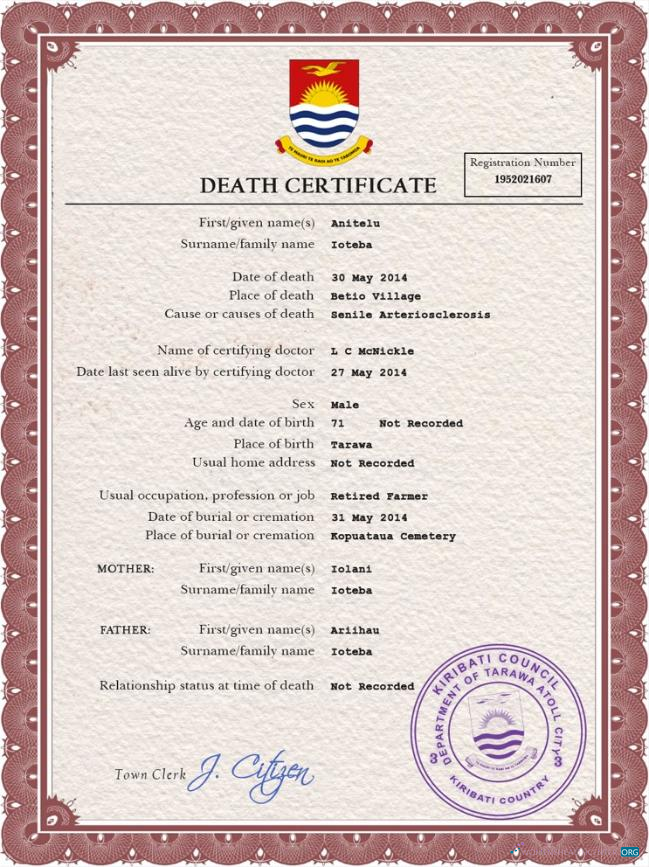 Download Kiribati death certificate PSD template Photoshop template